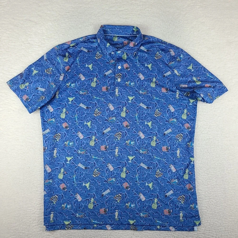 Johnnie-O Polo Shirt Mens XL Blue Tropical Drink Hawaiian Performance Golf